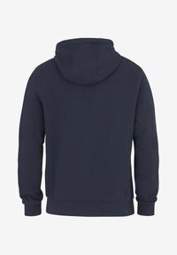 Navy blue hooded sweatshirt with long sleeves, ribbed cuffs, and hem, shown from the back on a white background.