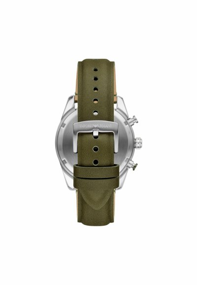Correa de reloj de piel en verde oliva con una textura suave, que cuenta con una hebilla de acero inoxidable y múltiples agujeros de ajuste.