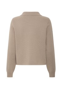 Maglione beige lavorato a maglia con colletto, maniche lunghe e vestibilità rilassata. Il retro presenta una superficie texturizzata e polsini a costine.