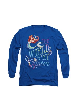 Blue long-sleeve shirt featuring a colorful illustration of a mermaid and text reading "THE WORLD is MY OYSTER." Soft fabric, casual fit.