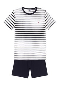 Ensemble de pyjama en coton rayé avec une base blanche et des rayures horizontales bleues marines. Présente un col rond et des manches courtes. Short bleu marine inclus.