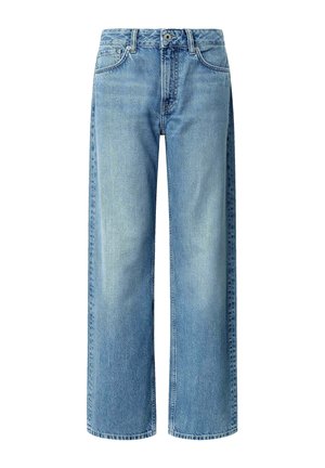 Jeans a gamba larga di colore azzurro chiaro in denim, con vita alta, tasche frontali e chiusura a bottone. Texture morbida con cuciture visibili.