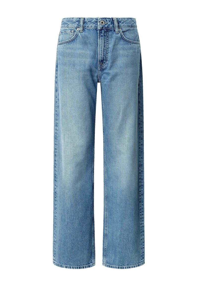 Jeans a gamba larga di colore azzurro chiaro in denim, con vita alta, tasche frontali e chiusura a bottone. Texture morbida con cuciture visibili.