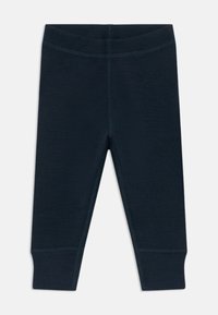 Leggings azul-marinho feitos de um tecido suave com um design ajustado, apresentando uma cintura elástica e costuras sem emendas nos punhos.