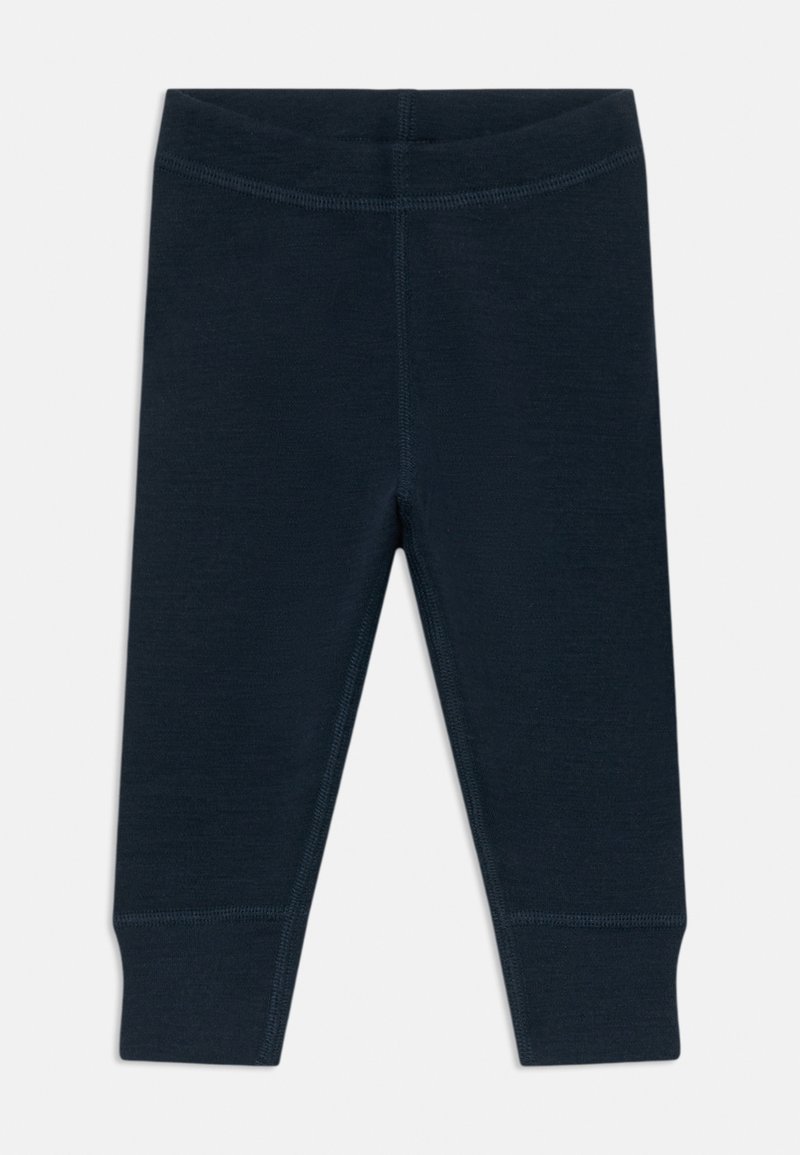 Leggings azul-marinho feitos de um tecido suave com um design ajustado, apresentando uma cintura elástica e costuras sem emendas nos punhos.