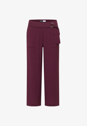 Pantalon taille haute prune à jambes larges en tissu texturé, poches plaquées à l'avant et ceinture en tissu avec boucle double anneau en métal.