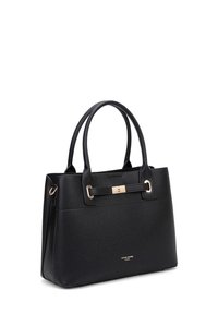 Black leather handbag with a textured finish, gold hardware accents, two handles, and a rectangular shape. Features a front clasp detail.