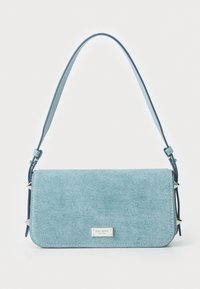 Light blue denim crossbody bag with silver-tone hardware, a rectangular shape, and a flap closure. Features a detachable shoulder strap.