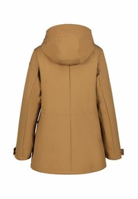 Bruine, capuchonjack met een matte afwerking, middenlang, met een rechte achterkant en verstelbare manchetten. Geen zichtbare hardwaredetails.