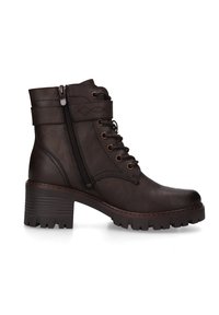 Brown faux leather ankle boot with lace-up front, side zipper, and chunky heel. Features decorative strap and textured outsole.