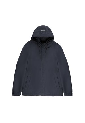 Navy wasserdichte Jacke mit Kapuze, ausgestattet mit einem Reißverschluss, zwei Seitentaschen und Kordelzügen am Hals für eine verstellbare Passform.