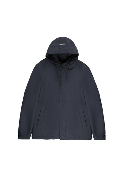 Navy waterproof jacket with a hood, featuring a zip closure, two side pockets, and drawstrings at the neck for adjustable fit.