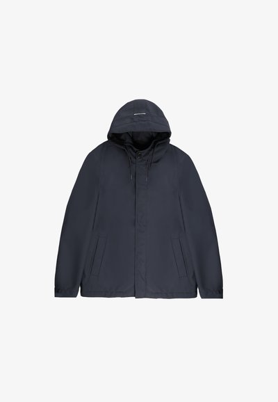 Navy waterproof jacket with a hood, featuring a zip closure, two side pockets, and drawstrings at the neck for adjustable fit.