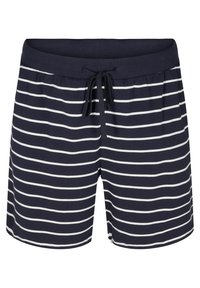 Námořnické modré plavky s bílými horizontálními pruhy, elastickým pasem a šňůrkou na stažení. Měkká látka s hladkým povrchem a bez dalších akcentů.