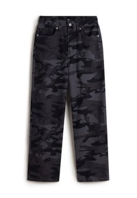 Black camouflage pants with a relaxed fit, made of cotton fabric. Features five pockets and a button closure at the waist.