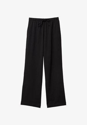 Pantalon large noir en tissu doux, doté d'une taille élastique avec un cordon de serrage pour l'ajustement et d'un design simple sans motifs.