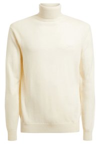 Cream turtleneck sweater with a ribbed collar and wrist cuffs. Soft texture and fitted design, featuring a subtle logo on the chest.
