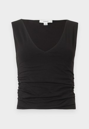 Top noir sans manches avec col en V et fronces sur le côté, en tissu doux, de la marque Topshop.