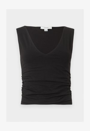 Top noir sans manches avec col en V et fronces sur le côté, en tissu doux, de la marque Topshop.