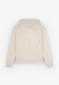 Crème kleurige hoodie, zachte textuur, met "ALPE" in reliëf op de capuchon, ribgebreide manchetten en onderrand, ontspannen pasvorm.