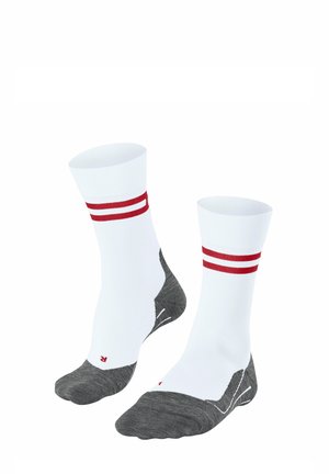 Weiße Sportsocken mit grauen Akzenten und zwei roten Streifen oben. Mit einer gepolsterten Sohle und einem gerippten Knöchel-Design.