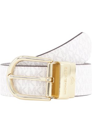 Weißer Designer-Gürtel mit wiederholtem "MK" Logo-Muster und polierter goldener Schnalle mit eingraviertem Markennamen.