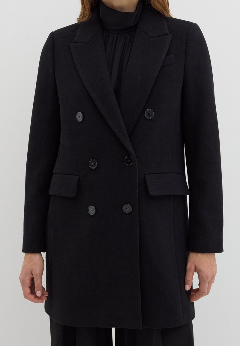 Manteau noir en laine à double boutonnage avec revers à pointe, deux poches avant et six boutons, présentant un design structuré et une texture lisse.