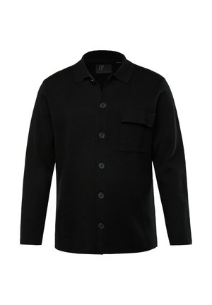 Schwarzes Langarmhemd aus strukturiertem Stoff, mit Kragen, sechs Knöpfen vorne und einer einzelnen Brusttasche.