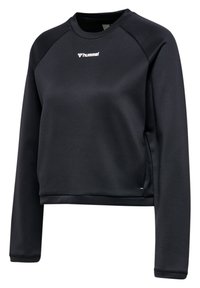 Czarny przycięty sweatshirt wykonany z gładkiego materiału. Posiada okrągły dekolt, długie rękawy raglanowe oraz białe logo z przodu.