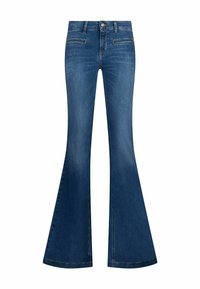 Jean évasé bleu taille haute avec fermeture éclair à l'avant, bouton et deux poches horizontales sur le devant, présenté sur fond blanc.