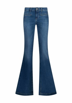 Jeans blu a vita alta con gamba svasata, cerniera frontale, chiusura con bottone e due tasche frontali orizzontali, mostrati su sfondo bianco.