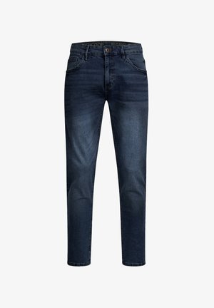Donkerblauwe denim jeans met een licht vervaagde afwerking. Standaard vijf-pocket ontwerp met een knoopsluiting en gestikte zoomdetails.