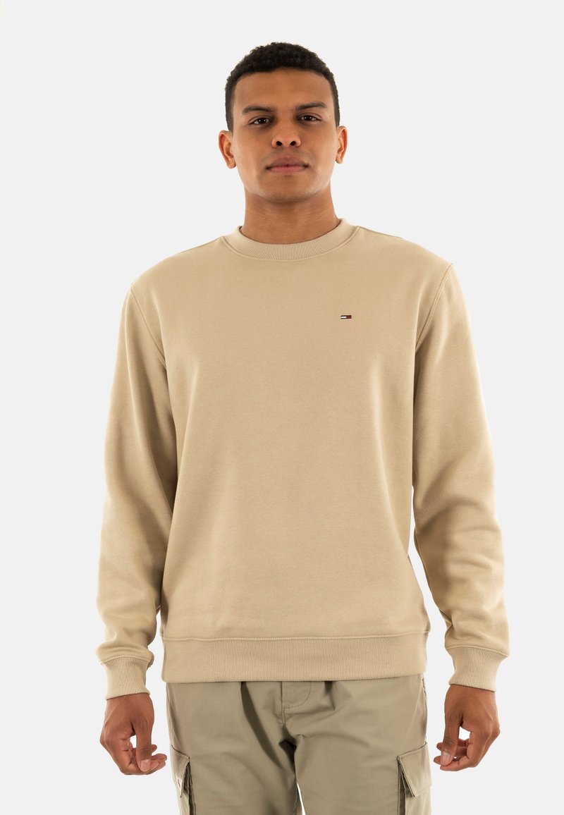 Felpa beige in cotone con maniche lunghe, colletto a girocollo a coste e piccolo logo sul petto. Presenta una vestibilità rilassata e una texture liscia.