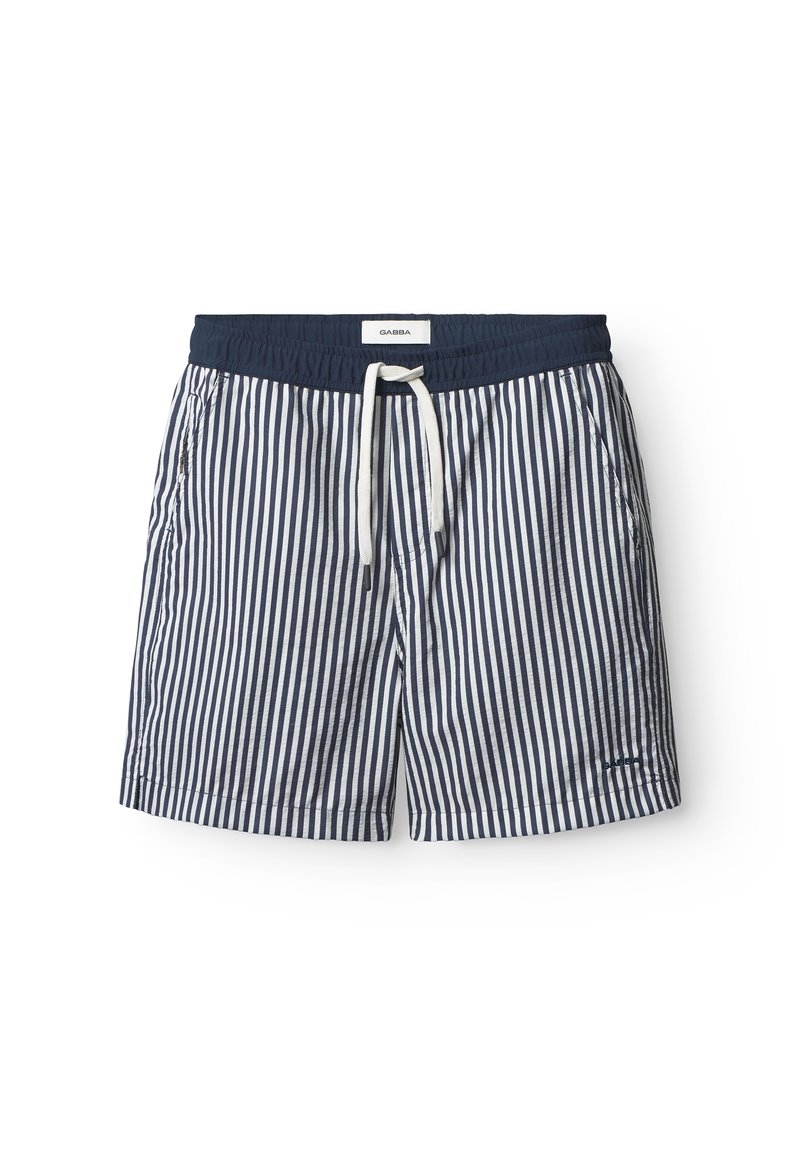 Kupaće gaće na prugice u mornarsko plavoj i bijeloj boji s elastičnim pojasom, vezicom i bočnim džepovima. Izrađene od lagane tkanine, s oznakom marke.