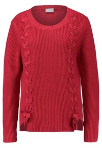 Punainen neulottu villapaita, jossa on pyöreä kaula-aukko, pitkät hihat ja koristeelliset lehtimuotoiset yksityiskohdat sivuilla. Karkea kangas.