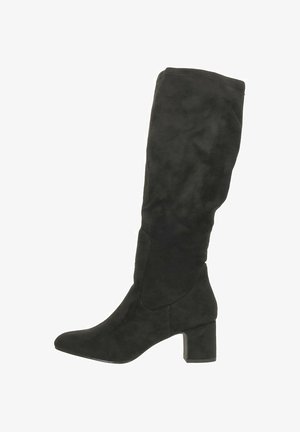 Black suede knee-high boot with a pointed toe and block heel. Features smooth texture and a fitted design around the calf.