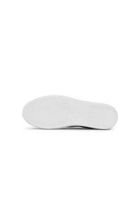 Λευκή εξωτερική σόλα από καουτσούκ με υφή και λογότυπο. Στρογγυλεμένο σχήμα με ρηχό πέλμα και λείες άκρες, σχεδιασμένο για πρόσφυση και υποστήριξη.