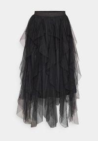 Black tulle skirt with layered ruffles, featuring an elastic waistband and varying lengths. Sheer texture enhances visual depth.