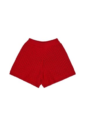 Rote gestrickte Shorts mit einer durchbrochenen Textur, ausgestattet mit einem gerippten Bund und einem geraden Schnitt, geeignet für die Freizeit.