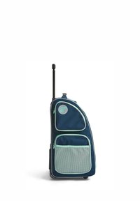 Rullande ryggsäck i marinblått med mintakcenter, utrustad med smidiga hjul, ett teleskophandtag och två fickor med dragkedja, varav en i nät.