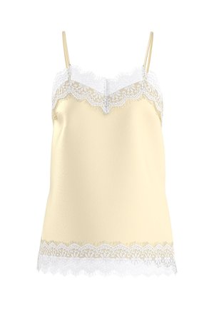 Camisole in raso giallo chiaro con bordatura in pizzo bianco sullo scollo e sull'orlo, con sottili spalline regolabili.