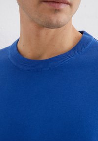 Blauer Rundhalsausschnitt-Pullover aus einem weichen, glatten Strick. Er hat einen gerippten Kragen und zeigt eine lebendige, einfarbige Farbe ohne Muster oder Akzente.