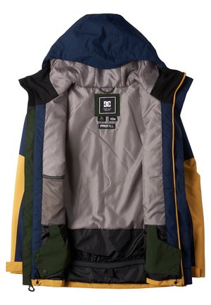 Colorful, hooded jacket featuring a navy blue exterior, gray interior, multiple pockets, adjustable cuffs, and a blend of black and green accents.