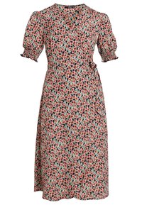 Černé midi šaty s růžovým květinovým vzorem, vypufované krátké rukávy se žabičkovými manžetami a detaily s uvázaným pasem.