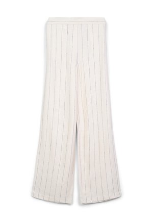 Pants larges en tissu crème avec des rayures verticales. Présentent une texture douce, une taille élastique et un ourlet net.