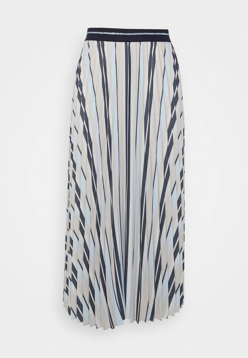 Faltenrock in hellcreme, marineblau und blassblauen Streifen; mit einem elastischen, marineblauen Bund und einem fließenden Design mit glatter Textur.