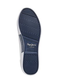 White sneaker sole with a blue rubber textured bottom, featuring a herringbone pattern and branding in white and dark blue accents.