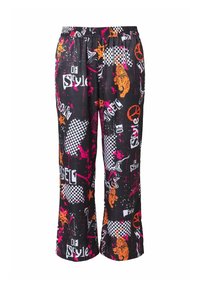 Pantaloni neri con una stampa grafica audace e mista, che include tigri arancioni, motivi a scacchi e esplosioni di rosa vivace. Vita elastica.
