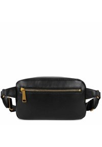 Sac bandoulière en cuir noir avec une finition texturée, fermeture éclair dorée et bandoulière ajustable. Comprend une poche zippée à l'avant pour le rangement.