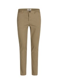 Khaki Chinos mit schlanker Passform, ausgestattet mit einem Knopfverschluss, Gürtelschlaufen und einem klassischen Taschendesign. Glatte Textur und klare Linien.